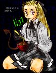 blonde_hair bowl chopsticks dorohedoro eating food gloves horns kay0225 long_hair noi_(dorohedoro) noodles ramen red_eyes skirt solo star suspenders tail younger 