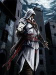  assassin's_creed_(series) assassin's_creed_ii belt blade cape doku_hebi ezio_auditore_da_firenze feathers gloves hidden_blade highres hood male_focus solo vambraces weapon 