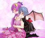  alternate_costume bangs bare_shoulders bat_wings bed_sheet biting blue_hair blunt_bangs blush breasts cleavage crescent crescent_hair_ornament flower gothic_lolita hair_ornament hane_(hanegoya) kneeling lolita_fashion long_hair medium_breasts multiple_girls neck_biting no_hat no_headwear pantyhose patchouli_knowledge purple_hair red_eyes remilia_scarlet short_hair sitting strap_slip touhou vampire wince wings yokozuwari yuri 