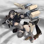  armor black_hair breasts cleavage clothes_pin copyright_request fingerless_gloves gloves grey_eyes highres idnar large_breasts long_hair sandals sarashi solo thighhighs weapon 