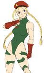  bare_shoulders beret blue_eyes braid breasts cammy_white covered_nipples fingerless_gloves flat_color gloves green_leotard gus_(clarkii) hat leotard long_hair medium_breasts scar solo street_fighter twin_braids 