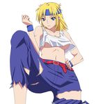  belt blonde_hair blue_eyes breasts crop_top hand_on_hip headband leg_up lune_zoldark medium_breasts navel ribonzu simple_background solo super_robot_wars super_robot_wars_og_the_inspector super_robot_wars_original_generation super_robot_wars_the_lord_of_elemental tank_top torn_clothes underboob 