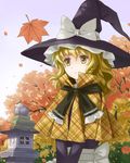  adapted_costume autumn autumn_leaves blonde_hair bow braid capelet closed_mouth commentary day expressionless hat hat_bow kirisame_marisa leaf maple_leaf outdoors plaid plaid_capelet short_hair sky solo stone_lantern touhou tree tucana upper_body v_arms white_bow witch_hat yellow_eyes 