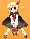  adaajt ascot black_skirt blonde_hair candy cape cravat food hair_ribbon halloween happy heart holding jack-o'-lantern lollipop long_sleeves looking_at_viewer mary_janes open_mouth orange_background pumpkin red_eyes red_ribbon ribbon rumia shirt shoes short_hair skirt socks solo standing touhou vest white_shirt wing_collar 