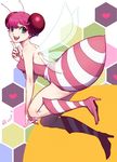  2010 antennae bee_girl blue_eyes boots dated hair_bobbles hair_ornament harumaki heart honey_bee_(bug-tte_honey) honeycomb_(pattern) honeycomb_background insect_girl monster_girl pink_hair pointing short_hair smile solo striped takahashi_meijin_no_bug-tte_honey wings 