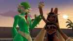 16:9 3d_(artwork) 5naptrap afternoon animal_humanoid beach black_clothing black_hoodie black_topwear brown_body clothing digital_media_(artwork) duo eyes_closed female gardevoir generation_3_pokemon generation_4_pokemon green_clothing green_hair green_hands green_suit greeting_viewer hair hi_res hoodie humanoid lagomorph lagomorph_humanoid leporid looking_at_viewer lopunny mammal mammal_humanoid nintendo pokemon pokemon_(species) rabbit smile smiling_at_viewer source_filmmaker_(artwork) street suit sunset text topwear url warfare_gardevoir warfare_lopunny warfare_machine widescreen
