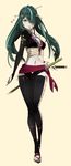  alternate_costume alternate_hairstyle bandages commentary_request green_eyes green_hair hair_over_one_eye hatsune_miku katana knife_(vocaloid) legs long_hair navel ninja sarashi shuri_(84k) simple_background solo sword thighhighs twintails vocaloid weapon 