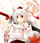  animal_ears bad_id bad_pixiv_id cafe_choco detached_sleeves fingerless_gloves gloves hat inubashiri_momiji leaf maple_leaf red_eyes sarashi shield solo sword tokin_hat touhou weapon white_hair wolf_ears 