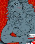  androgynous bare_shoulders collarbone dorohedoro kfc lowres muscle noi_(dorohedoro) red_background simple_background solo upper_body yosie 