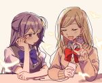  2girls black_bow black_bowtie blonde_hair blue_bow blue_bowtie blush bow bowtie brown_sweater closed_mouth commentary_request earphones hair_ribbon head_rest highres holding holding_phone izumi_shiho long_hair long_sleeves mizuguchi_aki multiple_girls one_side_up phone purple_eyes purple_hair ribbon sasayaku_you_ni_koi_wo_utau school_uniform shared_earphones shirt short_sleeves sidelocks sleeves_past_wrists sweater white_shirt yellow_ribbon yuka_(mikuxluka) 