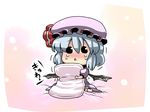  :&lt; bat_wings blue_hair blush chibi hat highres pillow pillow_hug remilia_scarlet short_hair solo tears touhou tsuki_wani wings 