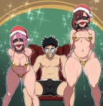  1boy 2girls absurdres ayase_momo bikini brown_hair bulge covered_mouth dandadan domination earrings erection erection_under_clothes freshnsfw glasses highres jewelry multiple_girls pink_hair round_eyewear shiratori_aira_(dandadan) smile swimsuit takakura_ken_(dandadan) 