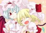  bat_wings blonde_hair blue_hair closed_eyes cup fangs flandre_scarlet hat hug machiko_(beard) multiple_girls one_eye_closed red_eyes remilia_scarlet ribbon siblings sisters teacup touhou wings 