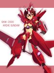  arche_gundam armor bikini_armor breasts brown_hair gundam gundam_00 highres koikeya mecha_musume red_eyes revealing_clothes short_hair small_breasts sword underboob weapon 