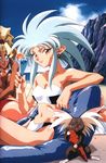  90s bikini blonde_hair blue_eyes blue_hair cabbit carrot closed_eyes dark_skin earrings forehead_jewel glass highres jewelry kuramitsu_mihoshi leg_hug multiple_girls navel non-web_source open_mouth ponytail ryou-ouki ryouko_(tenchi_muyou!) swimsuit tenchi_muyou! yellow_eyes 