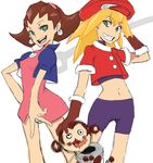  bad_id bad_pixiv_id bike_shorts brown_hair cameltoe data_(rockman_dash) earrings flat_chest gloves green_eyes grin hair_pulled_back hairband hat jewelry midriff multiple_girls navel no_legwear panty_&amp;_stocking_with_garterbelt parody pink_hairband rockman rockman_dash roll_caskett short_hair smile style_parody tron_bonne 