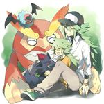  barefoot baseball_cap closed_eyes darmanitan gen_5_pokemon green_eyes grin hat highres multiple_boys n_(pokemon) pokemon pokemon_(creature) pokemon_(game) pokemon_bw smile tetsuo time_paradox woobat younger zorua 