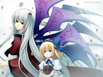  alice_margatroid alice_margatroid_(pc-98) blonde_hair blue_eyes blue_hairband book bow hair_bobbles hair_bow hair_ornament hairband hitsuki_rei long_hair multiple_girls multiple_wings red_eyes shinki short_hair side_ponytail silver_hair smile touhou touhou_(pc-98) wings 