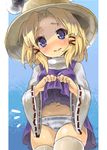  bad_id bad_pixiv_id blonde_hair blue_eyes cameltoe eyes hakiata hat moriya_suwako panties short_hair skirt skirt_lift solo striped striped_panties thighhighs touhou underwear 