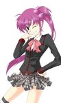  bow hair_bobbles hair_ornament katori_somekoo little_busters! long_hair one_eye_closed over-kneehighs pink_bow plaid plaid_skirt purple_hair saigusa_haruka school_uniform side_ponytail skirt solo striped striped_legwear thighhighs 