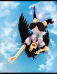  aioi_aoi black_hair black_legwear black_wings camera closed_eyes cloud day flying full_body geta hat highres letterboxed open_mouth shameimaru_aya short_hair sky smile solo tengu-geta thighhighs tokin_hat touhou upside-down wings 