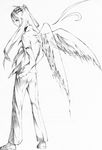  back bad_id bad_pixiv_id fujiwara_no_mokou greyscale hands_in_pockets highres looking_back marushi monochrome solo standing touhou traditional_media wings 