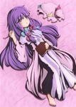  barefoot book capelet crescent hair_ribbon hakuyou_no_isseki hat hat_removed headwear_removed highres long_hair lying patchouli_knowledge purple_eyes purple_hair ribbon solo striped touhou very_long_hair 
