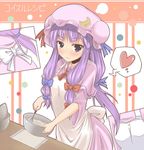  apron blush bow cooking crescent hair_bow hat heart lockheart long_hair patchouli_knowledge purple_eyes purple_hair ribbon smile solo touhou 