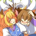  :3 animal_ears blonde_hair blush brown_hair cat_ears cat_tail chen closed_eyes eromame fox_ears fox_tail lowres multiple_girls multiple_tails no_hat no_headwear short_hair tail touhou yakumo_ran 