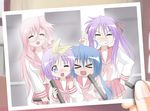  &gt;_&lt; ahoge blue_hair closed_eyes graduation grin hiiragi_kagami hiiragi_tsukasa hiro_yoshinaka izumi_konata long_hair lucky_star mole mole_under_eye multiple_girls one_eye_closed photo_(object) pink_hair pink_neckwear purple_hair ryouou_school_uniform school_uniform serafuku short_hair smile takara_miyuki tears 