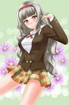  blazer flower grey_hair hairband idolmaster idolmaster_(classic) jacket long_hair pink_eyes plaid plaid_skirt pleated_skirt school_uniform school_wear_(idolmaster) shijou_takane shougi_(116) skirt solo wavy_hair 