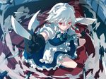  braid dust foreshortening gloves izayoi_sakuya knife maid maid_headdress red_eyes shionty short_hair silver_hair smile solo touhou twin_braids 