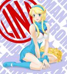  blonde_hair blue_eyes blush boots cheerleader hairband heroman lina_davis pom_poms sitting solo tonbidou v_arms wariza 