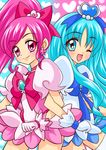  absurdres blue_eyes blue_hair blue_skirt bow choker cure_blossom cure_marine hair_ornament hanasaki_tsubomi heartcatch_precure! highres kurumi_erika long_hair magical_girl multiple_girls one_eye_closed pink_bow pink_choker pink_eyes pink_hair ponytail precure shoko-tan skirt smile 