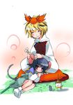  animal_ears bishamonten's_pagoda blonde_hair ear_cleaning grey_hair hair_ornament lap_pillow mimikaki mouse mouse_ears mouse_tail multiple_girls nazrin ogakuru red_eyes short_hair tail toramaru_shou touhou 