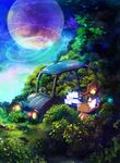  :o brown_eyes brown_hair car computer desktop full_moon ground_vehicle highres holographic_interface laptop long_hair moon morikaku_(umiharu) motor_vehicle nature original overgrown school_uniform serafuku sitting sky solo windows 