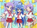  :3 ahoge bad_id bad_pixiv_id blue_eyes blue_hair english green_eyes hiiragi_kagami hiiragi_tsukasa holding_hands izumi_konata kurukuru_(korekita) long_hair lucky_star mole mole_under_eye multiple_girls pink_neckwear purple_hair ryouou_school_uniform school_uniform serafuku short_hair star text_focus twintails 