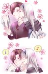  ari_(pixiv) blush brown_hair couple eyes_closed female gensou_suikoden gensou_suikoden_ii grin hairband kiss klaus_windamier long_hair male purple_eyes short_hair sierra_mikain smile suikoden suikoden_ii violet_eyes white_hair 