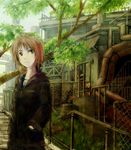  bad_id bad_pixiv_id brown_hair building copyright_request short_hair solo standing tree yellow_eyes yoshidaworks 