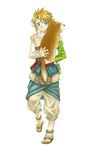  artist_request blonde_hair blue_eyes carrying dog link male_focus pointy_ears simple_background smile solo the_legend_of_zelda the_legend_of_zelda:_twilight_princess 