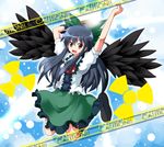  arm_cannon arms_up black_wings blue_hair caution jumping long_hair radiation_symbol red_eyes reiuji_utsuho ruu_(tksymkw) solo touhou weapon wings 