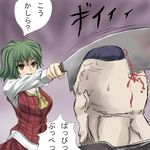  ascot blood green_hair guro hokuto_no_ken kazami_yuuka kinntarou parody plaid plaid_skirt plaid_vest red_eyes saw short_hair skirt skirt_set smirk touhou translated vest 