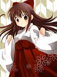  bow brown_eyes brown_hair hair_bow japanese_clothes long_hair miko mochizuki_yomogi open_mouth original solo yagasuri 