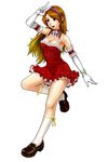  alternate_costume asamiya_athena bare_shoulders bracelet breasts brown_hair choker cleavage dress earrings elbow_gloves frills gloves hairband jewelry large_breasts legs purple_eyes ribbon short_dress socks solo the_king_of_fighters v white_gloves yan_fei_toketsu 