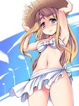  armpits bikini blonde_hair blue_eyes blush bow cameltoe eyebrows hat k-on! kotobuki_tsumugi long_hair navel sarong shiranagi solo straw_hat swimsuit white_sarong 