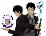  2boys 8018 adult animal back-to-back bird black_hair blue_shirt brown_eyes fighting_stance formal grey_shirt hedgehog hibari hibari_kyouya katekyo_hitman_reborn! khr male male_focus multiple_boys necktie older scar school_uniform shirt suit swallow sword tie uniform weapon yamamoto_takeshi yellow_eyes 