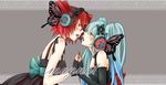  aqua_eyes aqua_hair blush bow bug butterfly butterfly_hair_ornament crossover dress drill_hair elbow_gloves face-to-face fingerless_gloves gloves hair_ornament hatsune_miku headset holding_hands insect kasane_teto kotsuki_(moony) long_hair magnet_(vocaloid) multiple_girls open_mouth red_eyes red_hair twin_drills twintails utau vocaloid yuri 