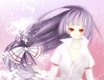  bad_id bad_pixiv_id bow colored_eyelashes dress_shirt eyelashes fujiwara_no_mokou hair_bow large_bow lavender_hair long_hair paint_splatter pointing shirt shuo solo touhou white_shirt wind 