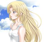  bad_id bad_pixiv_id blonde_hair blue_eyes cloud day highres long_hair metroid one-piece_swimsuit profile samus_aran school_swimsuit sky solo swimsuit tamamon white_school_swimsuit white_swimsuit wind younger 