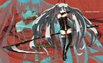  blue_hair boots chain elbow_gloves garters gloves hatsune_miku leather long_hair naka red_eyes scythe solo thigh_boots thighhighs twintails very_long_hair vocaloid zettai_ryouiki 